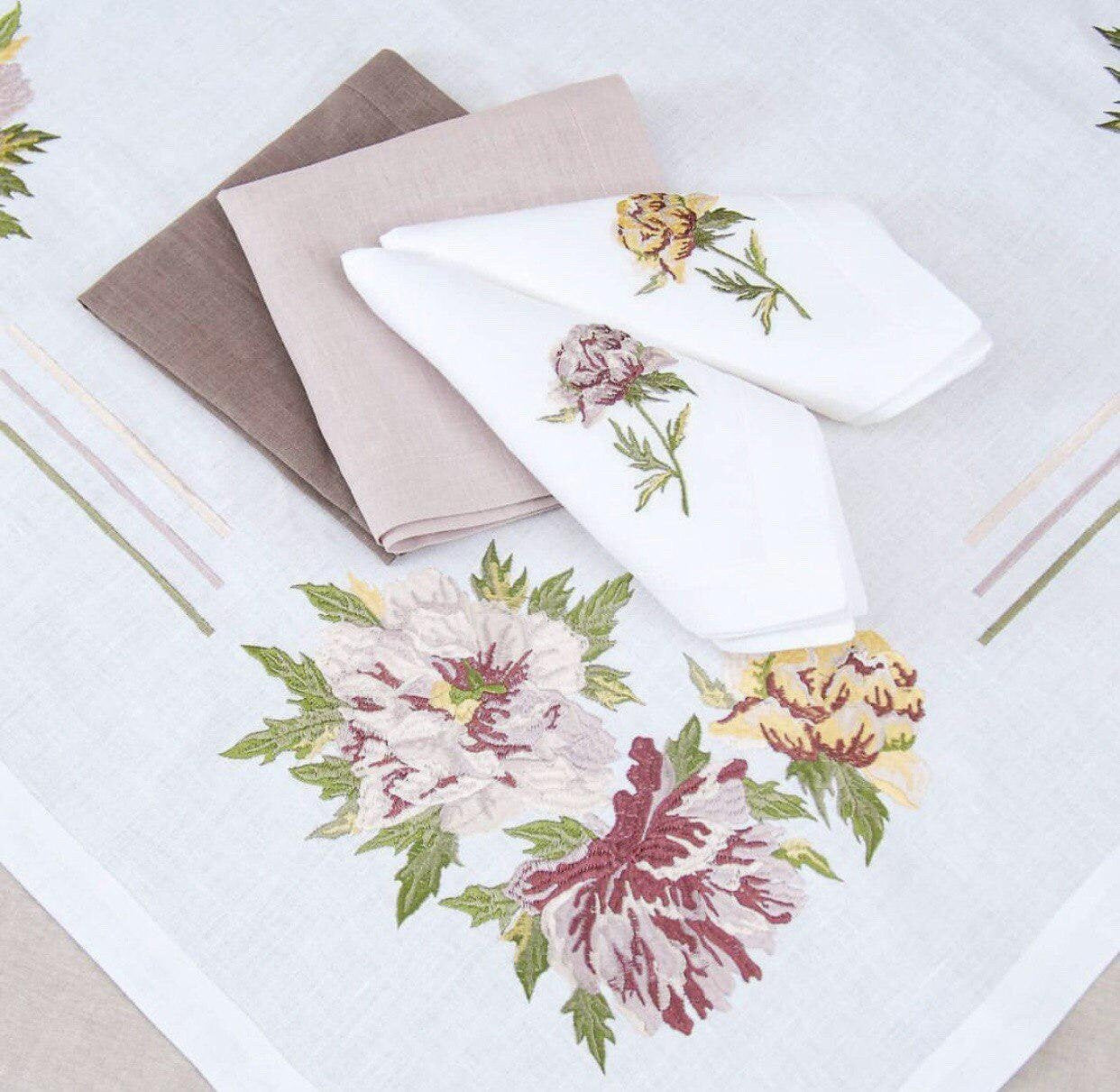 Embroidered Linen Tablecloth 88x88 cm with 4 Peony Napkins - Ukrainian Design