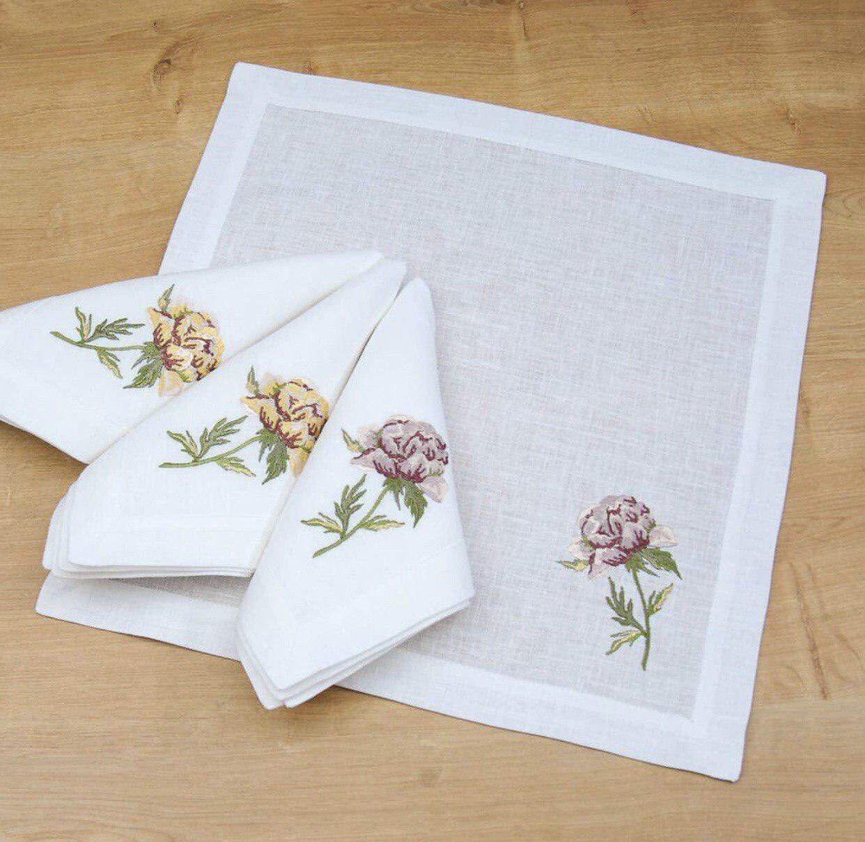 Embroidered Linen Tablecloth 88x88 cm with 4 Peony Napkins - Ukrainian Design