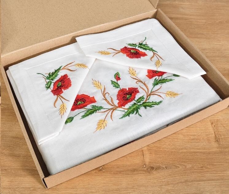 Embroidered Linen Tablecloth Set 180x150 cm with 4 Napkins - Poppies and Wheat Design for 4-6 Persons