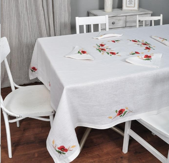 Embroidered Linen Tablecloth Set 180x150 cm with 4 Napkins - Poppies and Wheat Design for 4-6 Persons