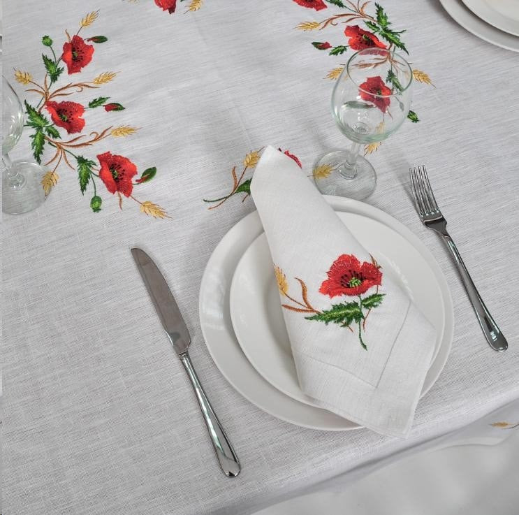 Embroidered Linen Tablecloth Set 180x150 cm with 4 Napkins - Poppies and Wheat Design for 4-6 Persons