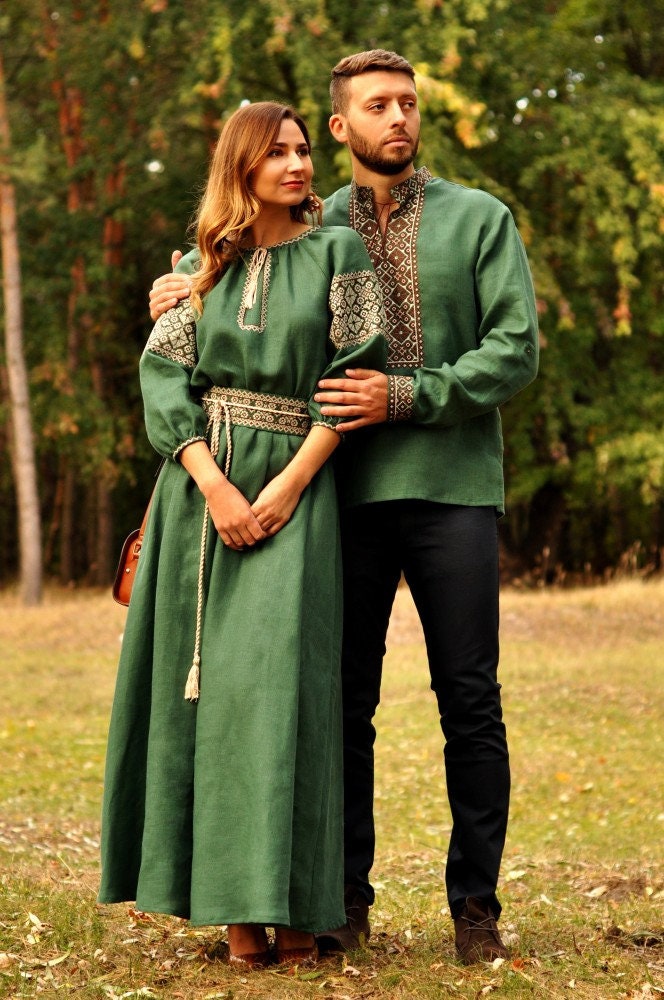 Embroidered Green Wedding Dress | Ukrainian Linen Vyshyvanka
