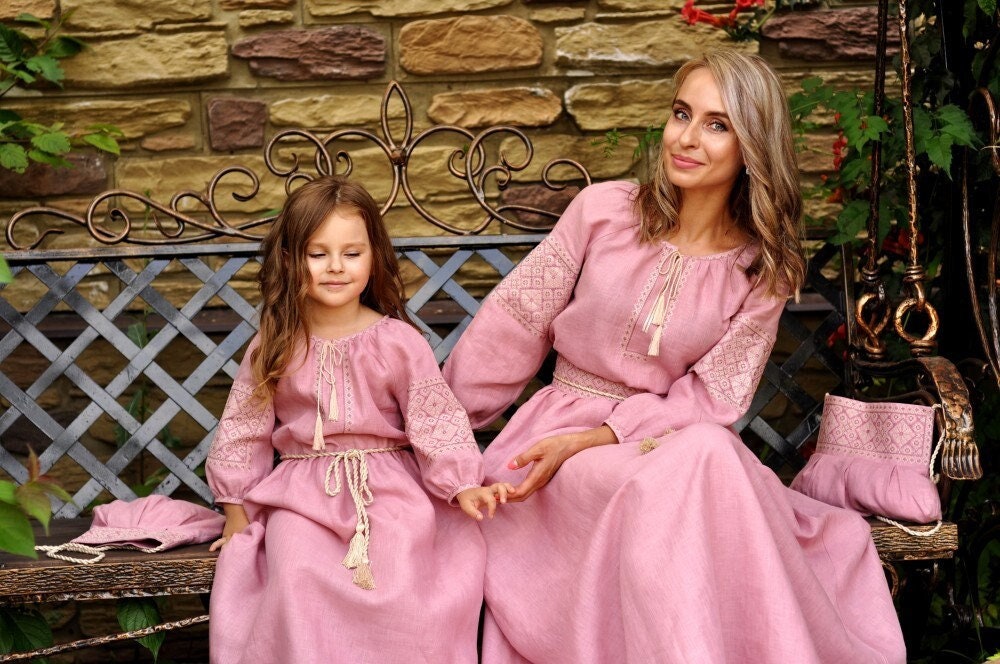 Embroidered Pink Linen Dress for Girls