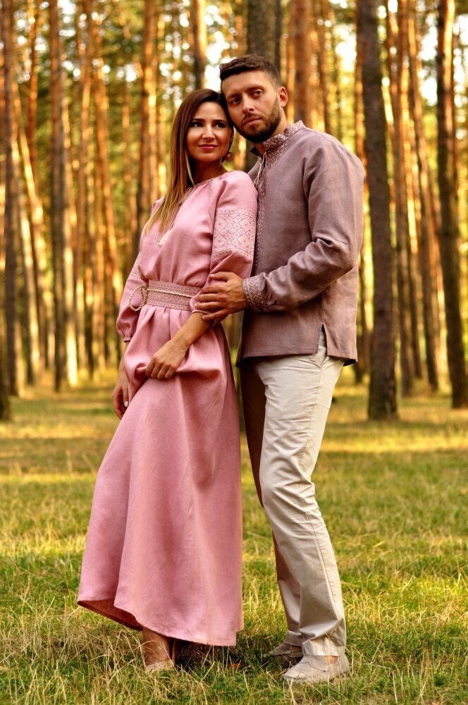 Pink Romantic Family Look Embroidered Wedding Set: Men's Shirt & Women's Dress