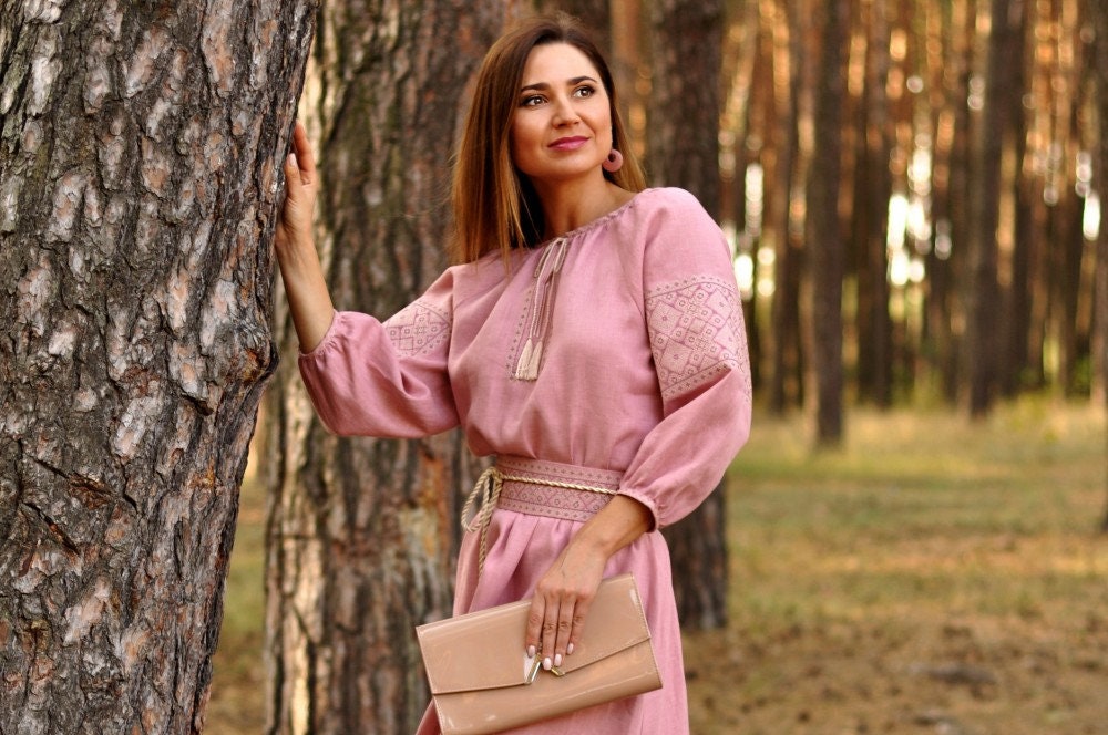 Pink Linen Wedding Dress Ukrainian Vyshyvanka Embroidered Dress
