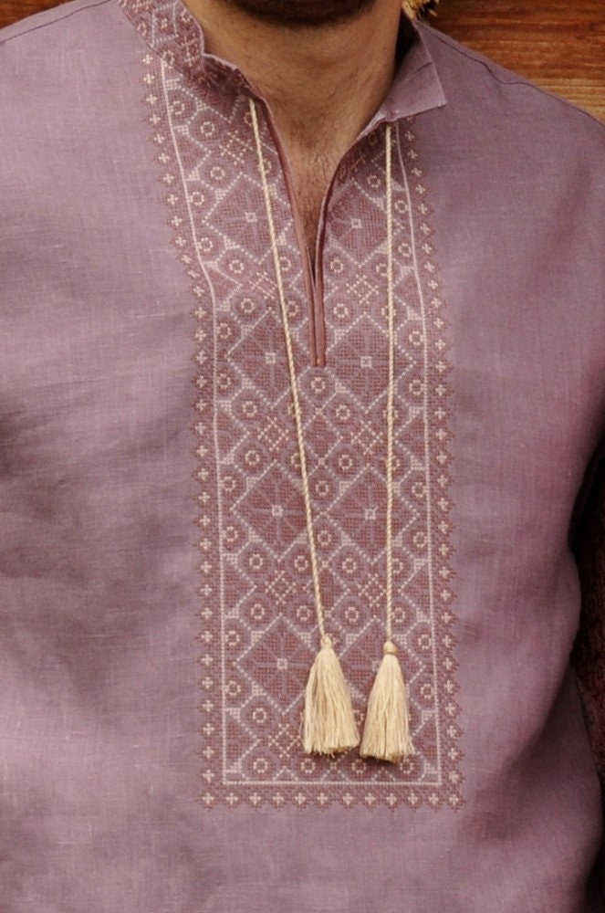 Pink Romantic Family Look Embroidered Wedding Set: Men's Shirt & Women's Dress