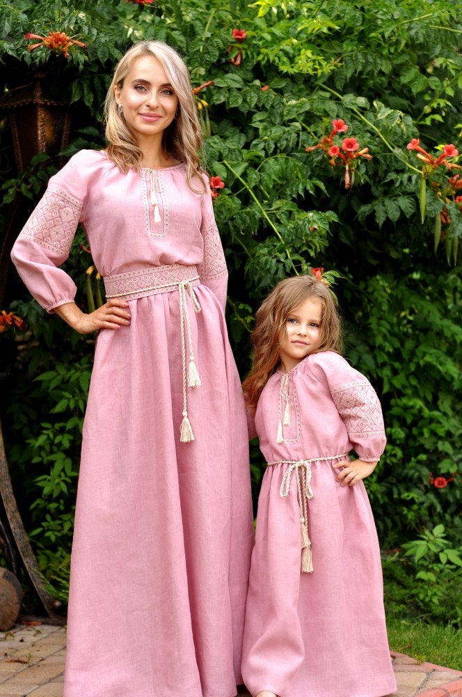 Embroidered Pink Dress Set for Mom and Daughter - Matching Family Outfits