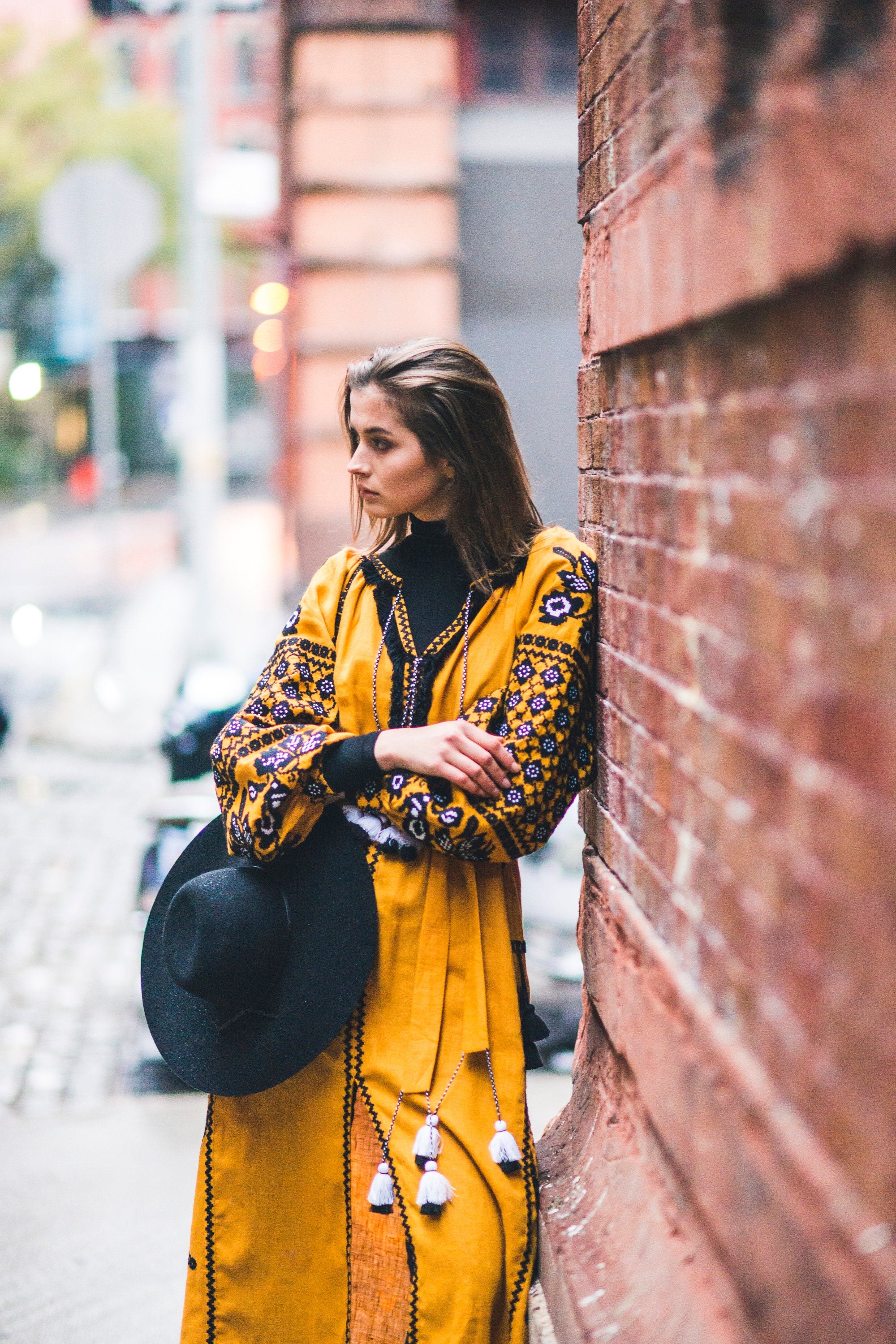 Yellow Ukrainian Embroidered Linen Dress - Ethnic Vyshyvanka Boho Style