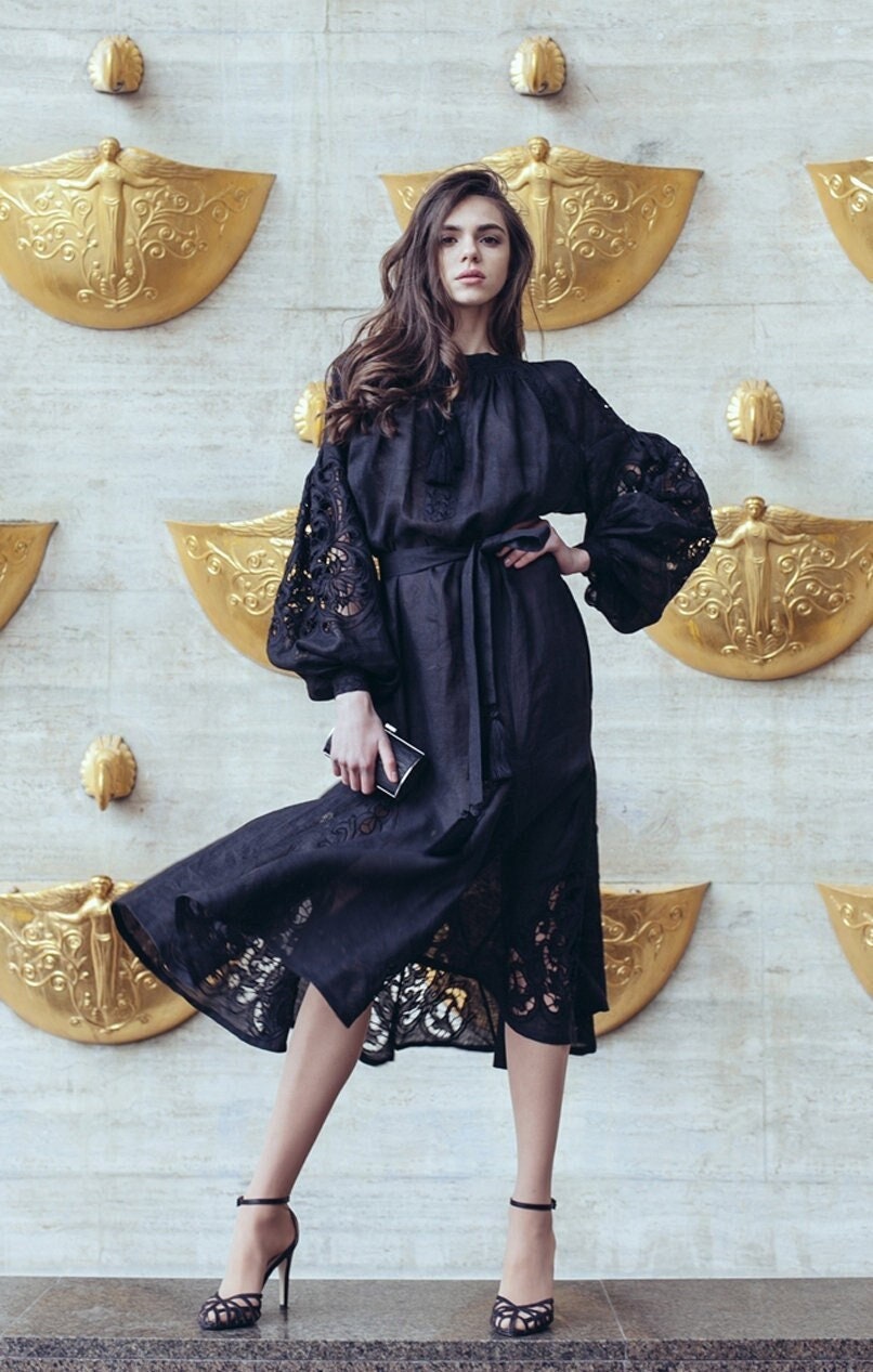 Ukrainian Embroidered Vyshyvanka Black Dress - Boho Style