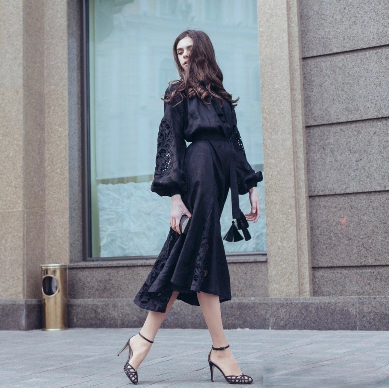 Ukrainian Embroidered Vyshyvanka Black Dress - Boho Style