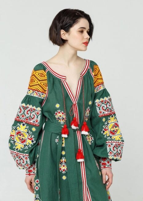 Ukrainian Embroidered Green Linen Boho Vyshyvanka Dress