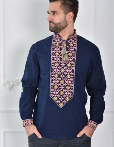 Men's Blue Linen Embroidered Ukrainian Vyshyvanka Shirt