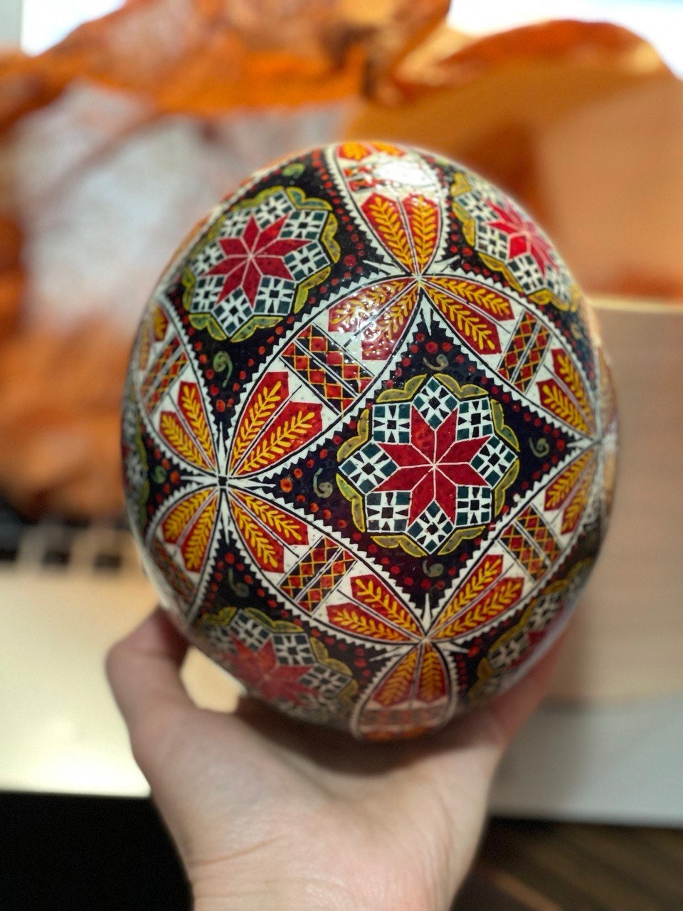 Handmade Ukrainian Ostrich Egg Pysanka - Traditional Easter Decor