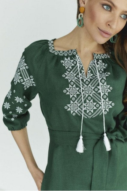 Mothers Day Green Linen Ukrainian Vyshyvanka Embroidered Dress for Women
