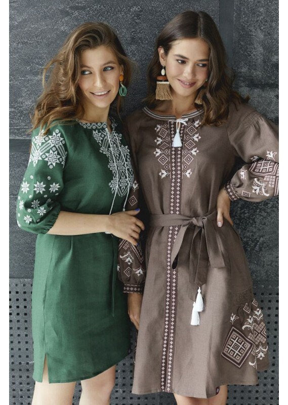 Mothers Day Green Linen Ukrainian Vyshyvanka Embroidered Dress for Women