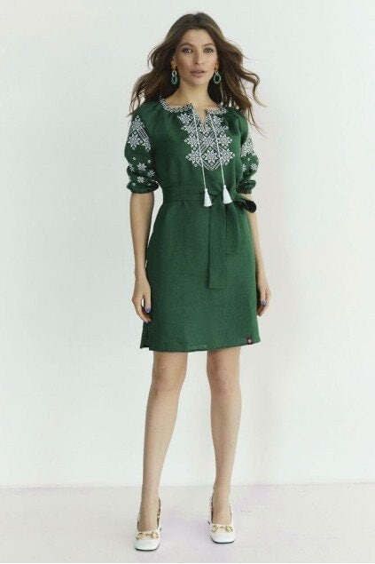 Mothers Day Green Linen Ukrainian Vyshyvanka Embroidered Dress for Women