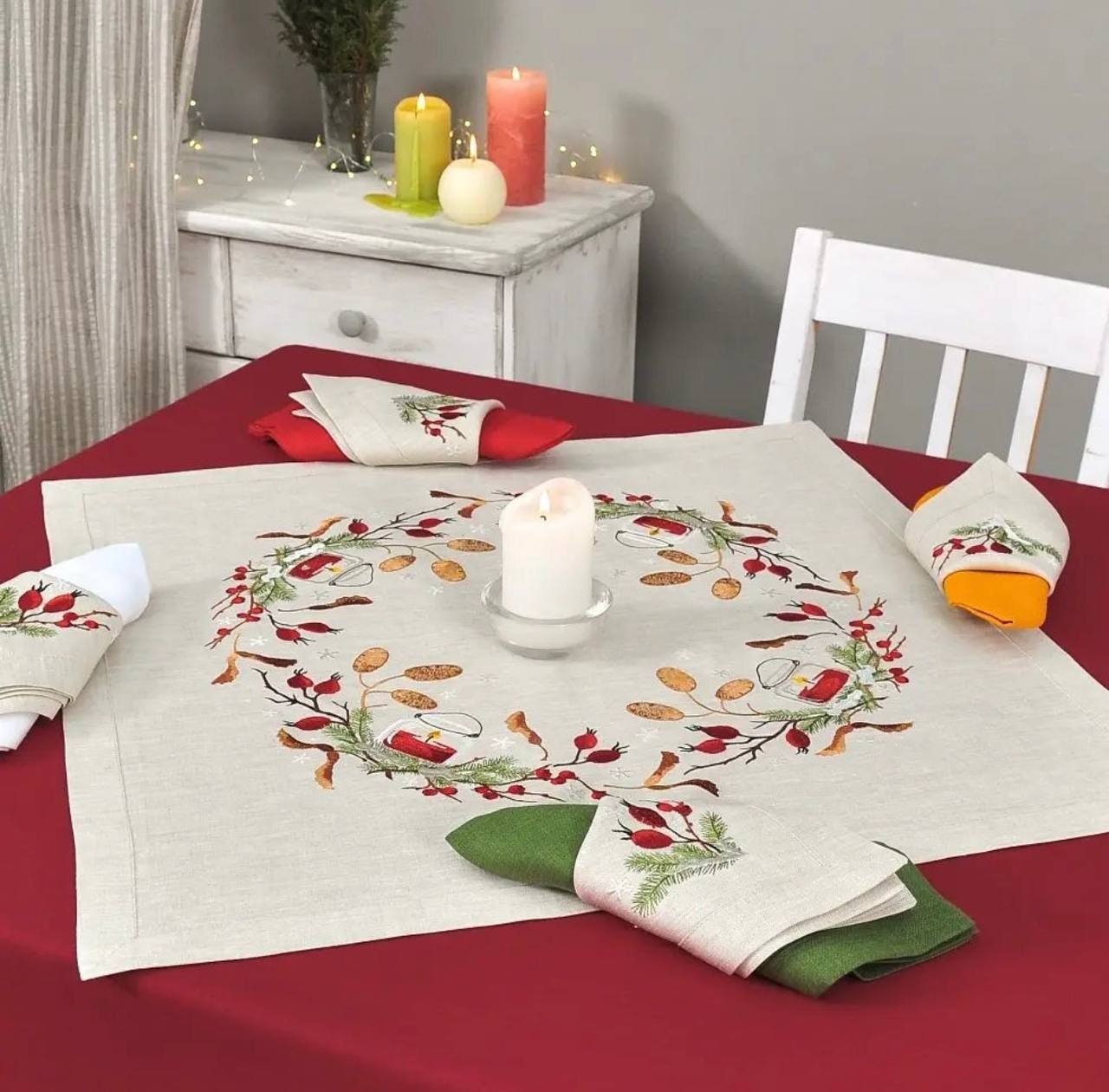 Embroidered Ukrainian Linen Tablecloth 65x65 cm