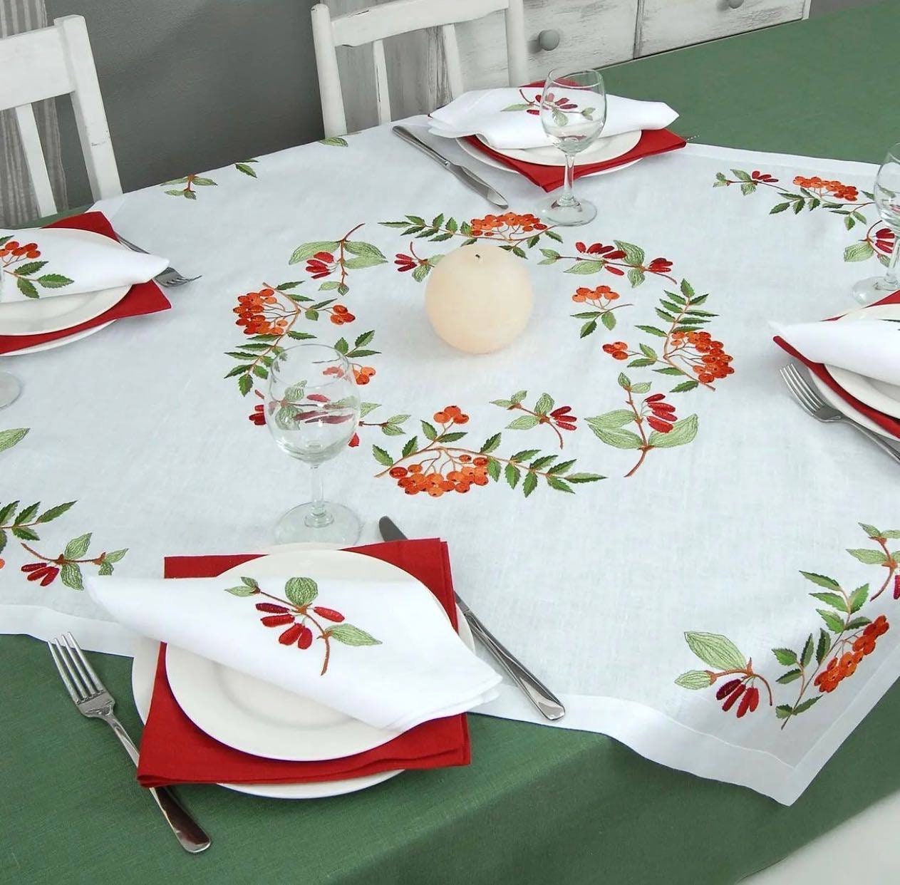 Rowan Dogwood Tablecloth Set 88x88 cm with 2 Napkins - Ukrainian Embroidered Design