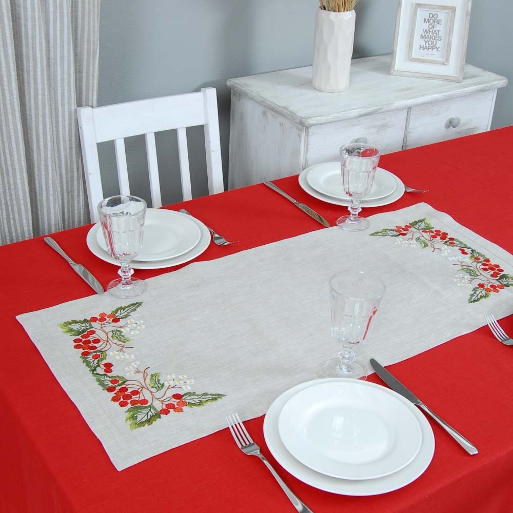 Kalyna Embroidered Tablecloth 90x40 cm - Ukrainian Linen Runner for Easter & Mother's Day