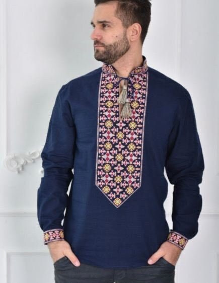 Men's Blue Linen Embroidered Ukrainian Vyshyvanka Shirt