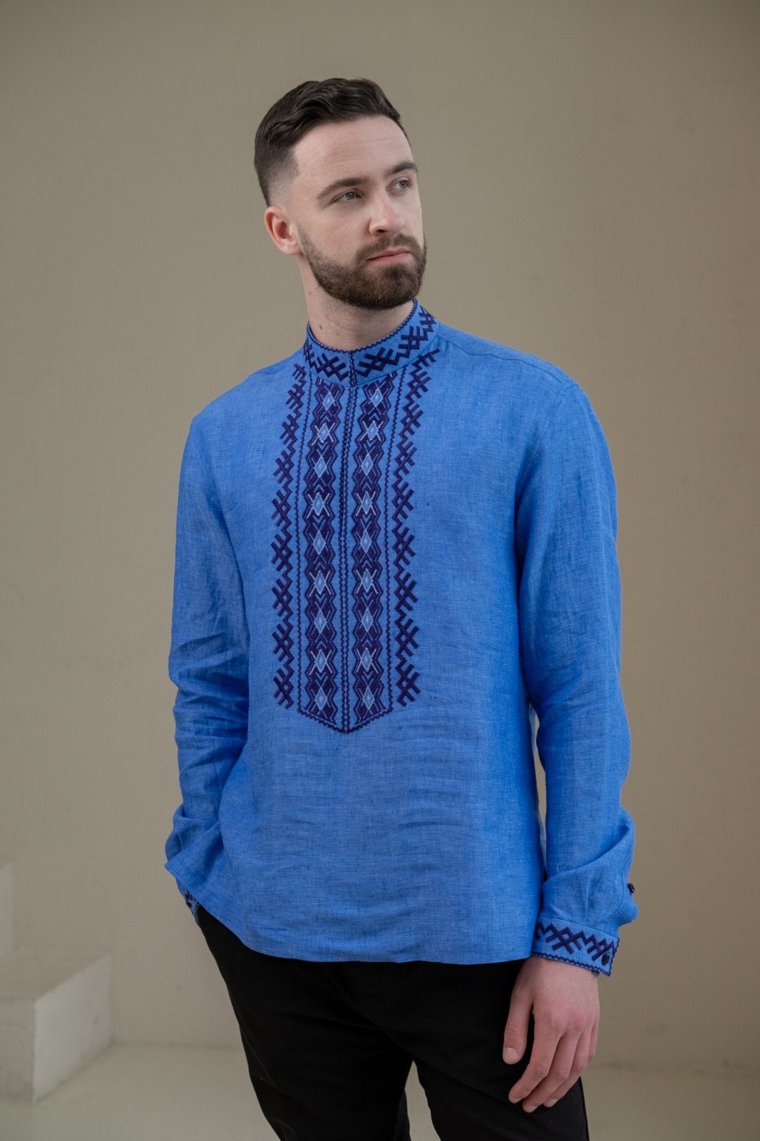 Blue Ukrainian Embroidered Shirt for Men - Traditional White Shirt