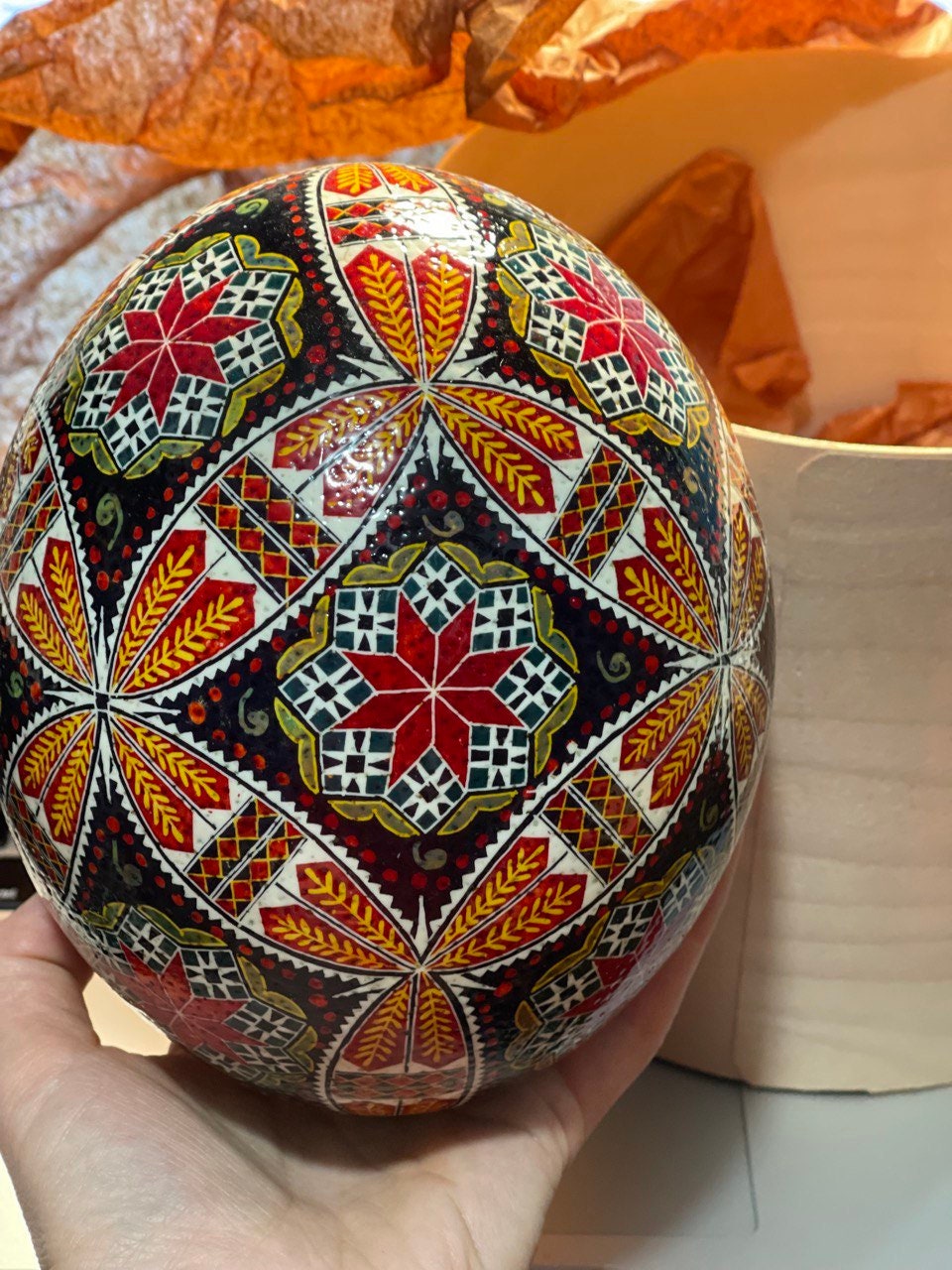Handmade Ukrainian Ostrich Egg Pysanka - Traditional Easter Decor