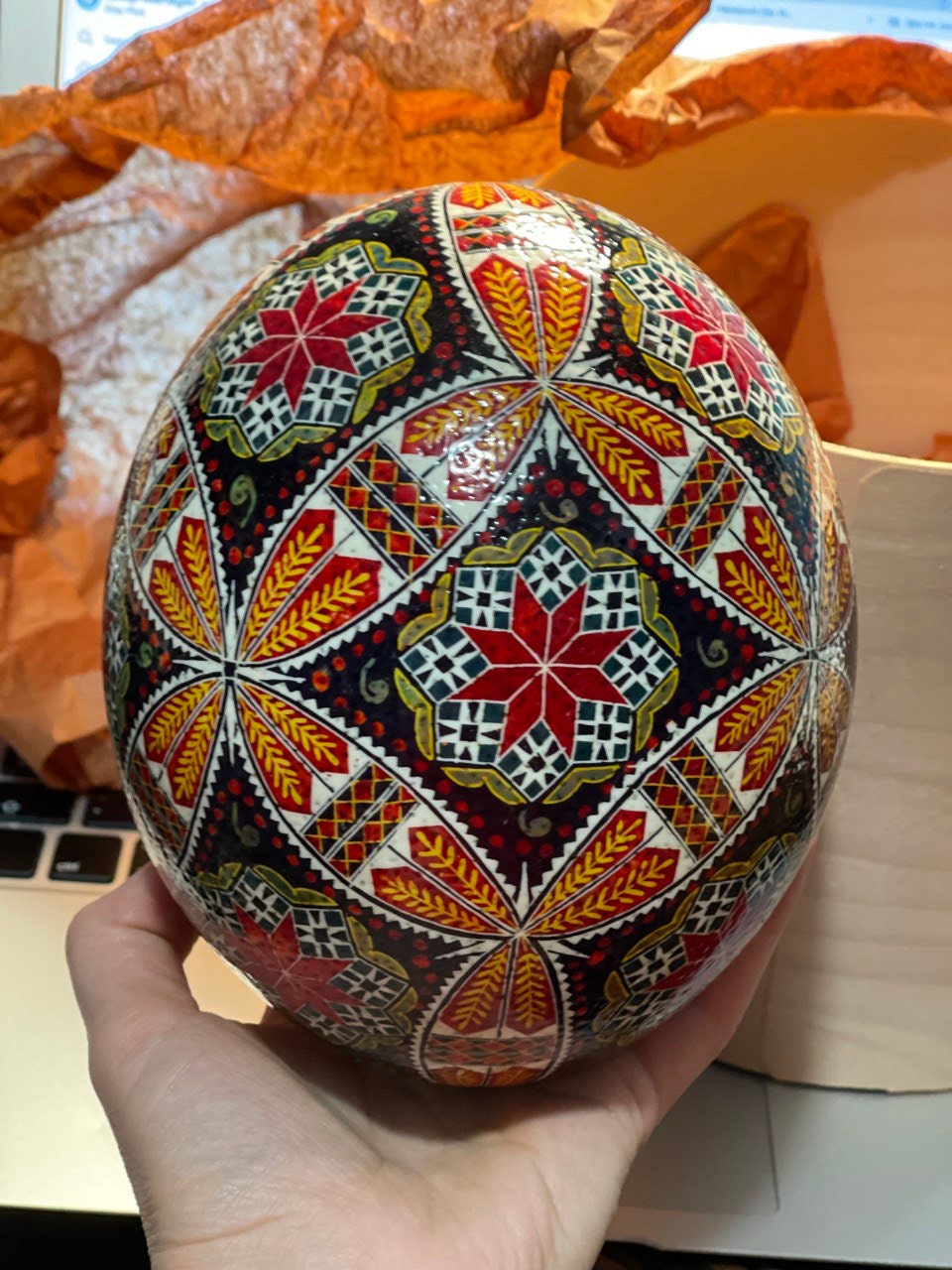Handmade Ukrainian Ostrich Egg Pysanka - Traditional Easter Decor