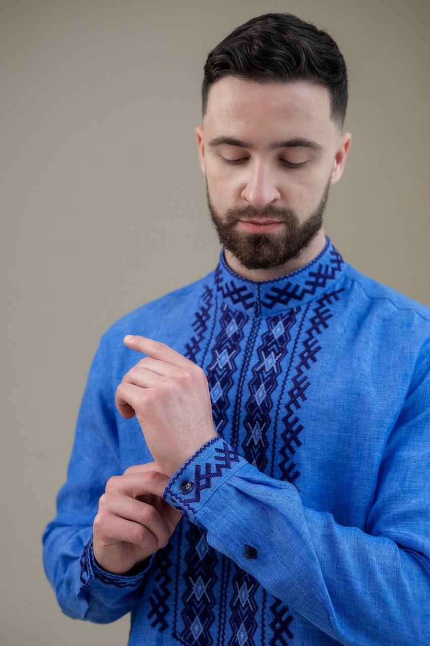 Blue Ukrainian Embroidered Shirt for Men - Traditional White Shirt