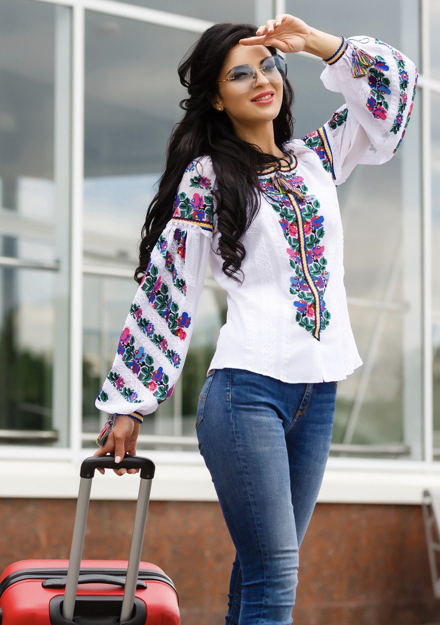 Exclusive White Ukrainian Embroidered Linen Vyshyvanka Blouse - Bohemian Ethnic Shirt