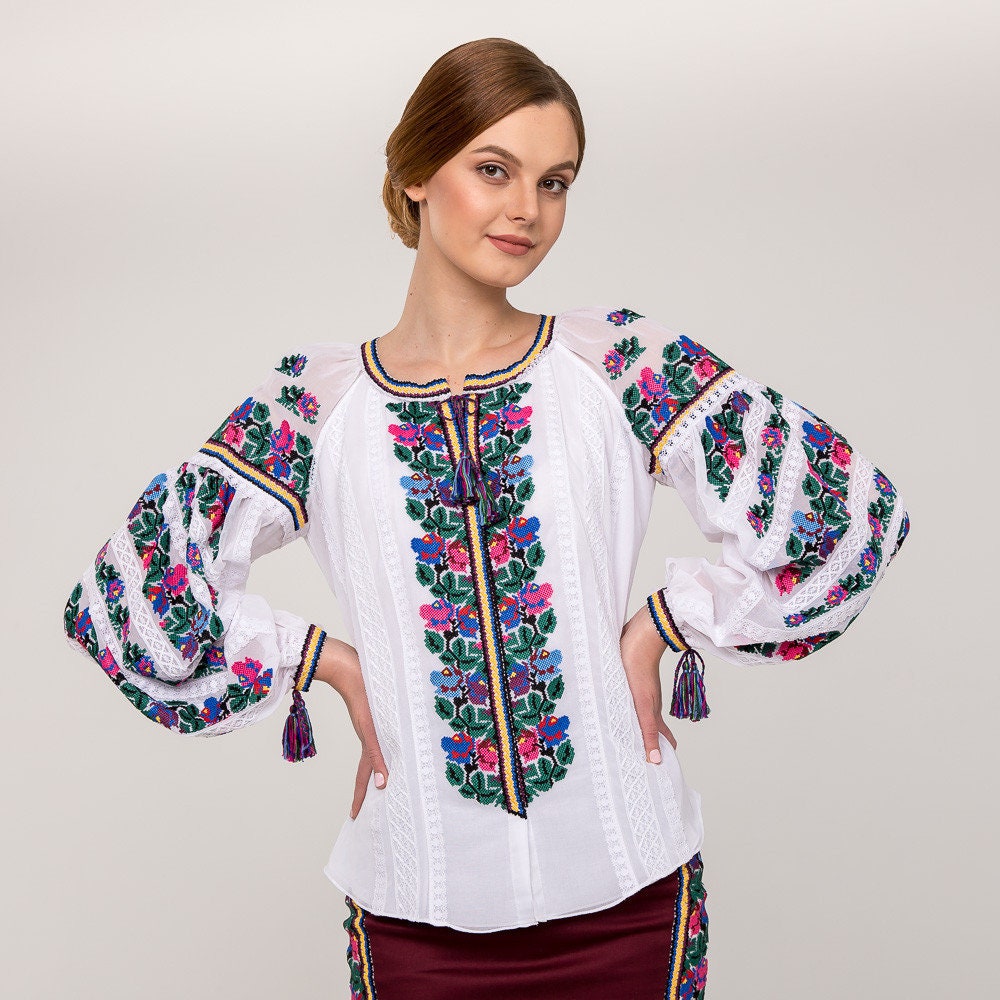 Exclusive White Ukrainian Embroidered Linen Vyshyvanka Blouse - Bohemian Ethnic Shirt