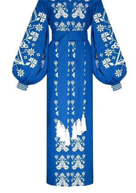 Ukrainian Embroidered Vyshyvanka Boho Blue Linen Dress