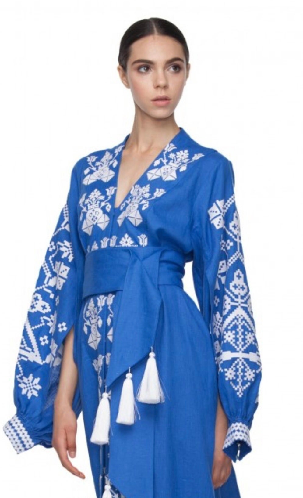 Ukrainian Embroidered Vyshyvanka Boho Blue Linen Dress