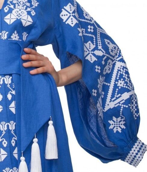 Ukrainian Embroidered Vyshyvanka Boho Blue Linen Dress