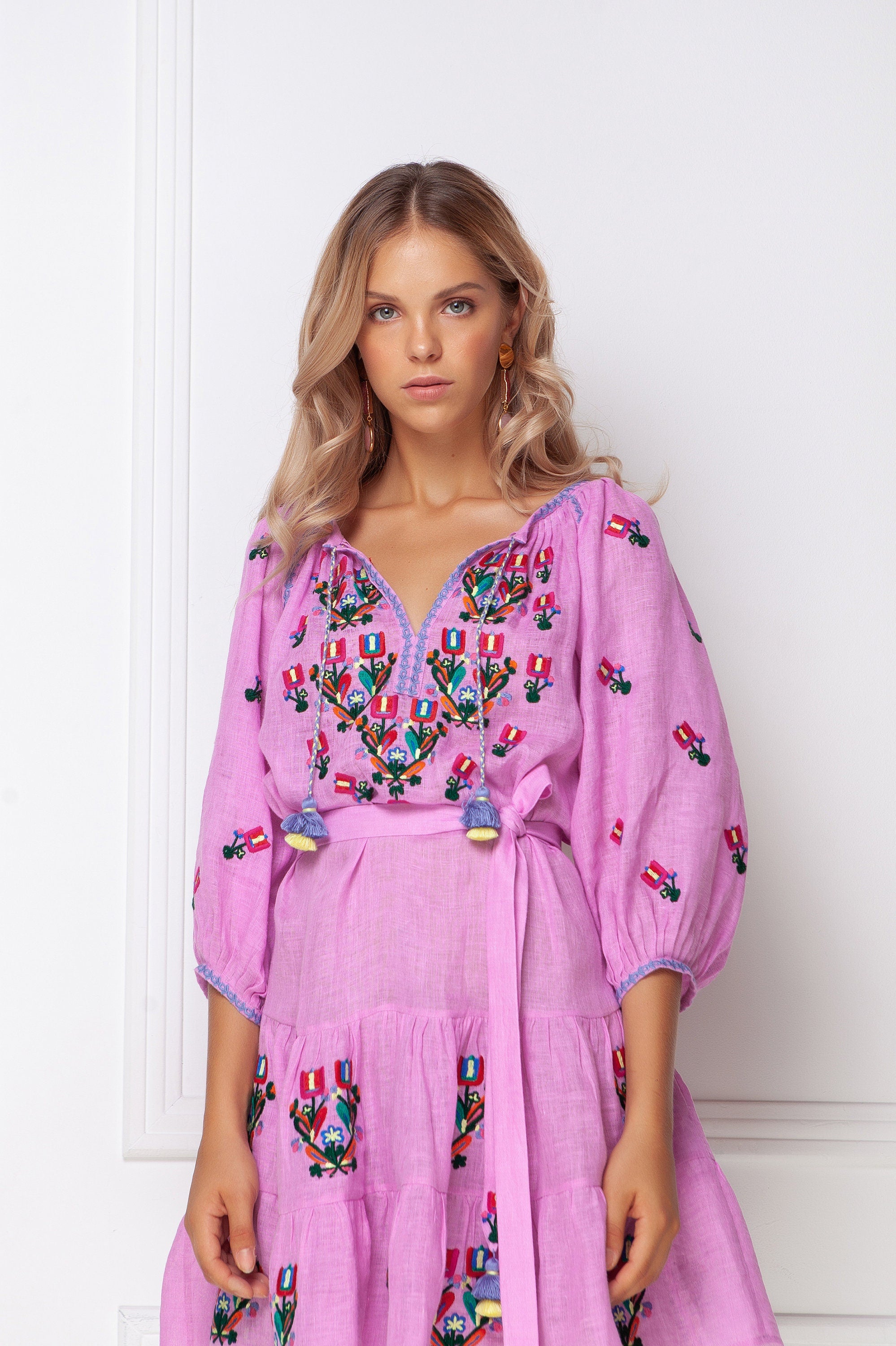 Pink Ukrainian Embroidered Vyshyvanka Boho Dress