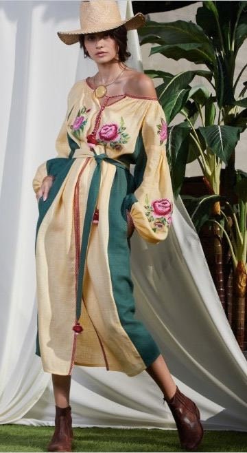 Ukrainian Embroidered Vyshyvanka Linen Boho Dress for Women