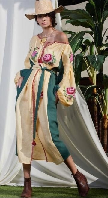 Ukrainian Embroidered Vyshyvanka Linen Boho Dress for Women