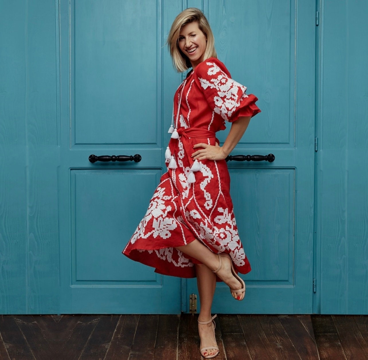 Red Linen Ukrainian Embroidered Vyshyvanka Boho Dress