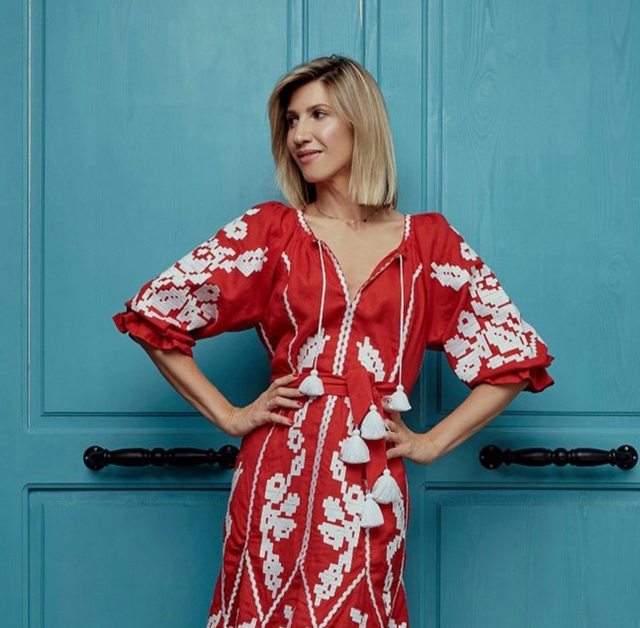 Red Linen Ukrainian Embroidered Vyshyvanka Boho Dress