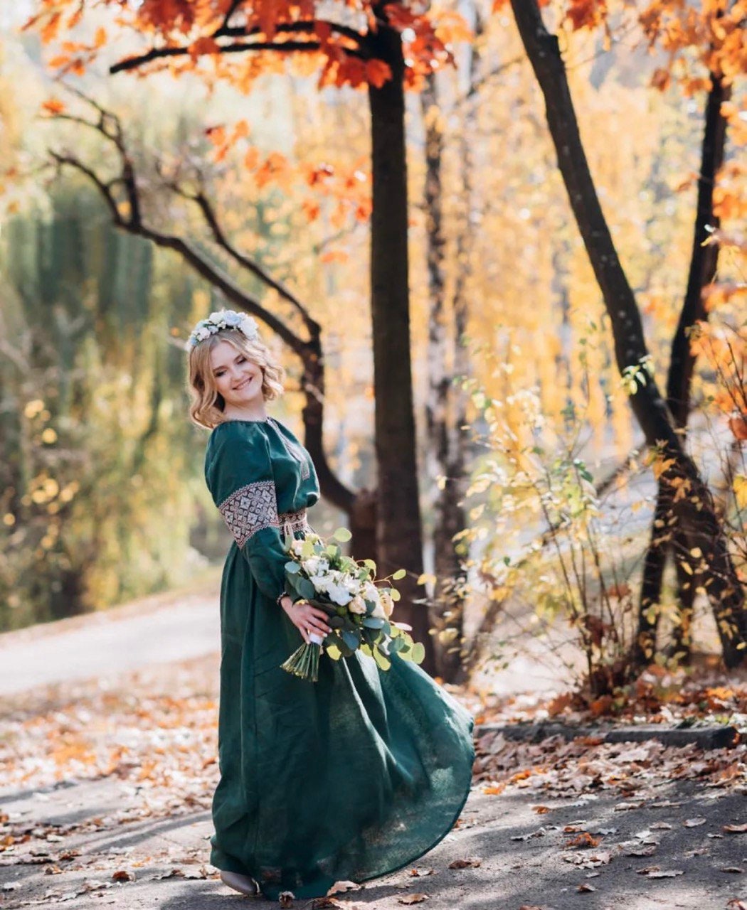 Green Embroidered Linen Ukrainian Vyshyvanka Dress for Weddings