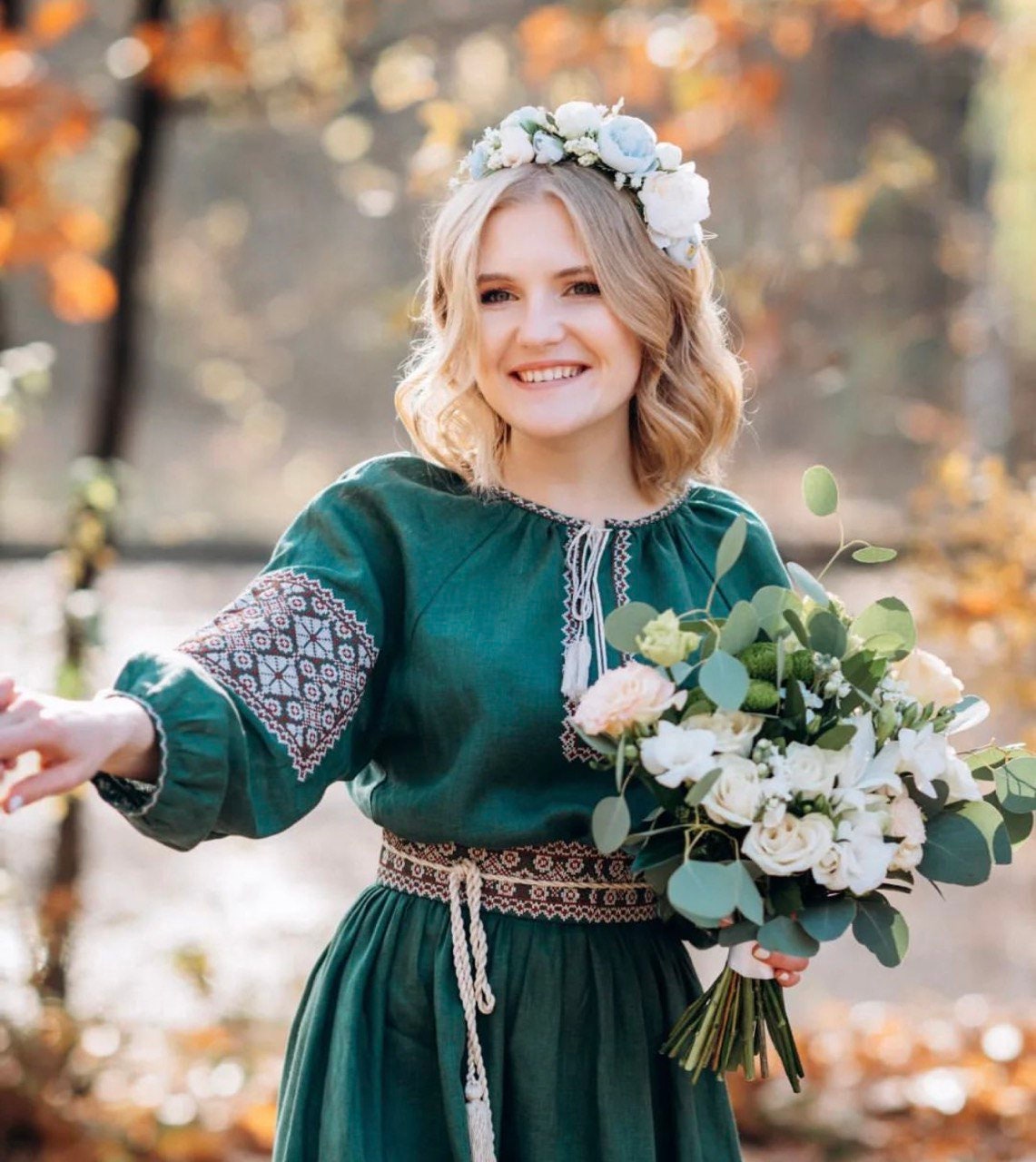 Green Embroidered Linen Ukrainian Vyshyvanka Dress for Weddings