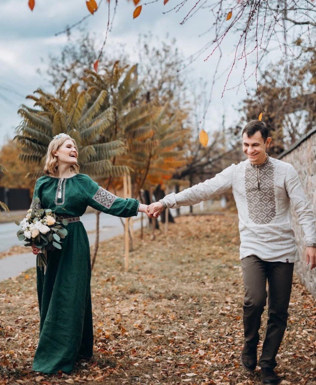 Green Embroidered Linen Ukrainian Vyshyvanka Dress for Weddings