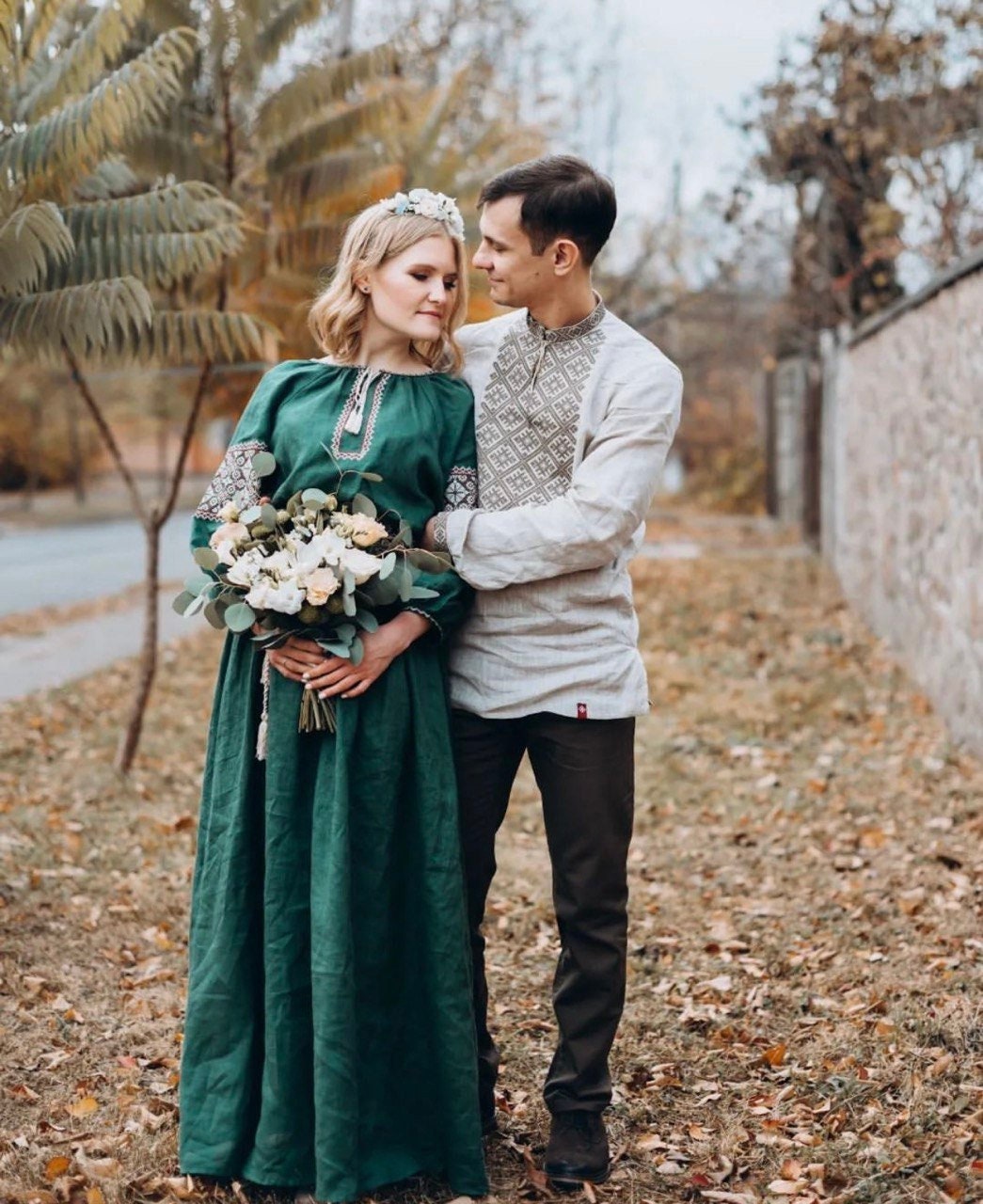 Green Embroidered Linen Ukrainian Vyshyvanka Dress for Weddings