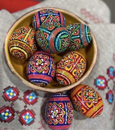 Handmade Set of 12 Pysanky Floral Wooden Eggs - Ukrainian Hand-Painted Ornaments