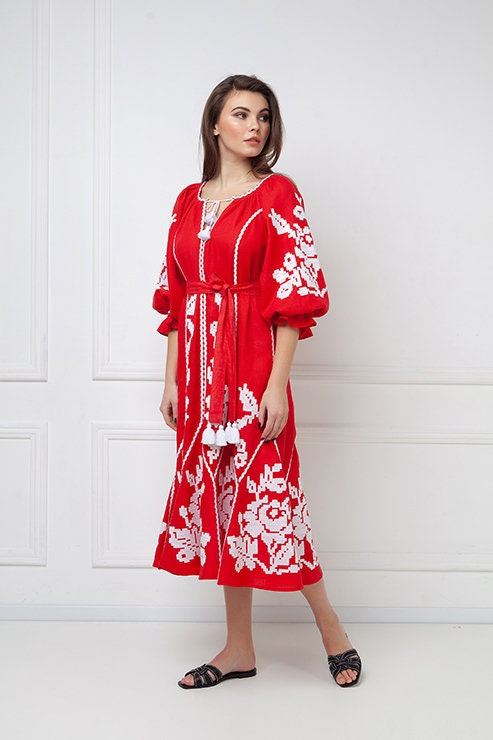 Red Linen Ukrainian Embroidered Vyshyvanka Boho Dress