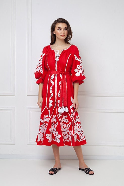 Red Linen Ukrainian Embroidered Vyshyvanka Boho Dress