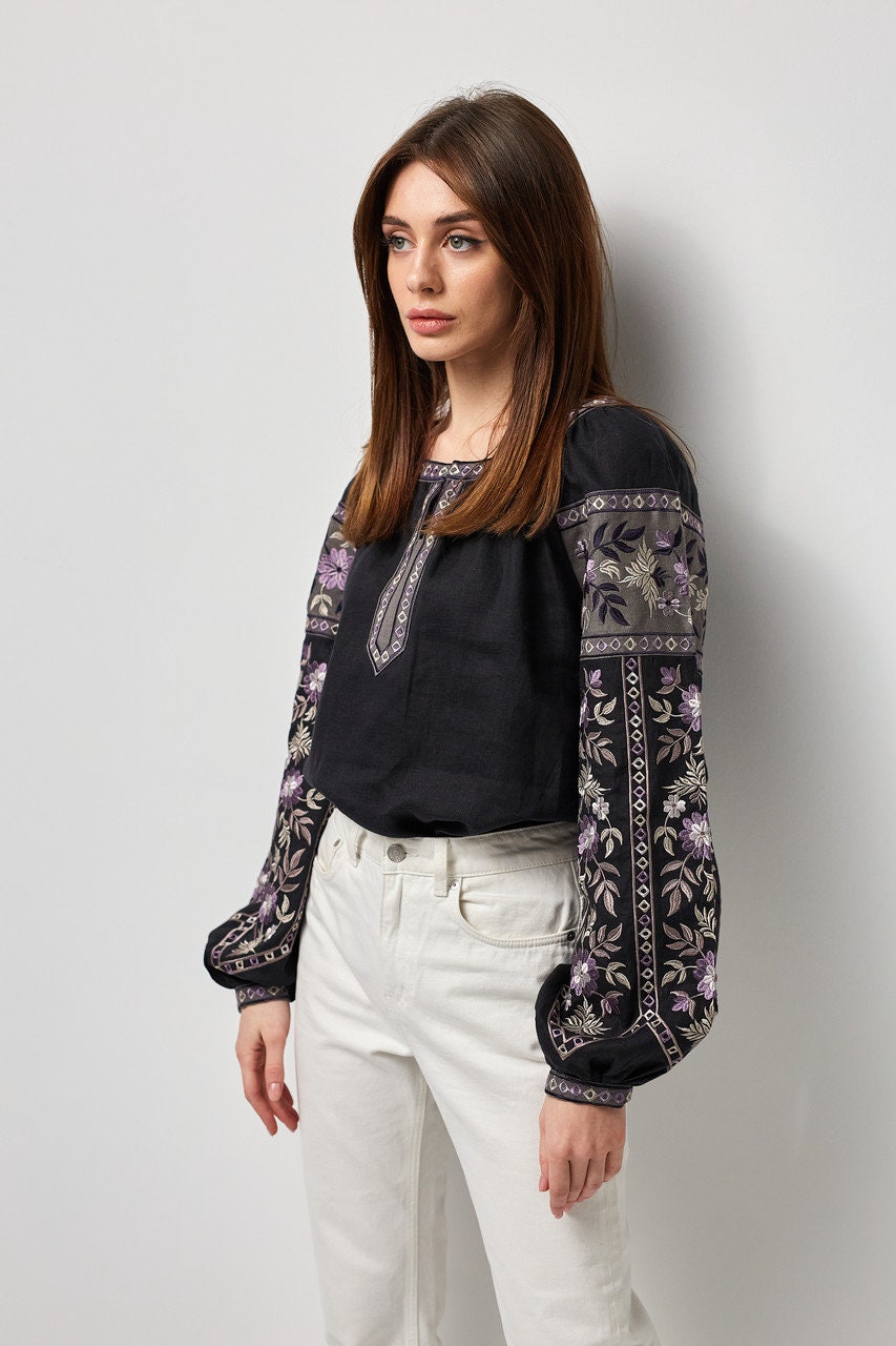 Black Ukrainian Vyshyvanka Blouse - Embroidered Women’s Shirt for Easter