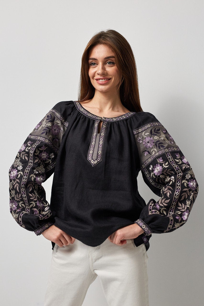 Black Ukrainian Vyshyvanka Blouse - Embroidered Women’s Shirt for Easter