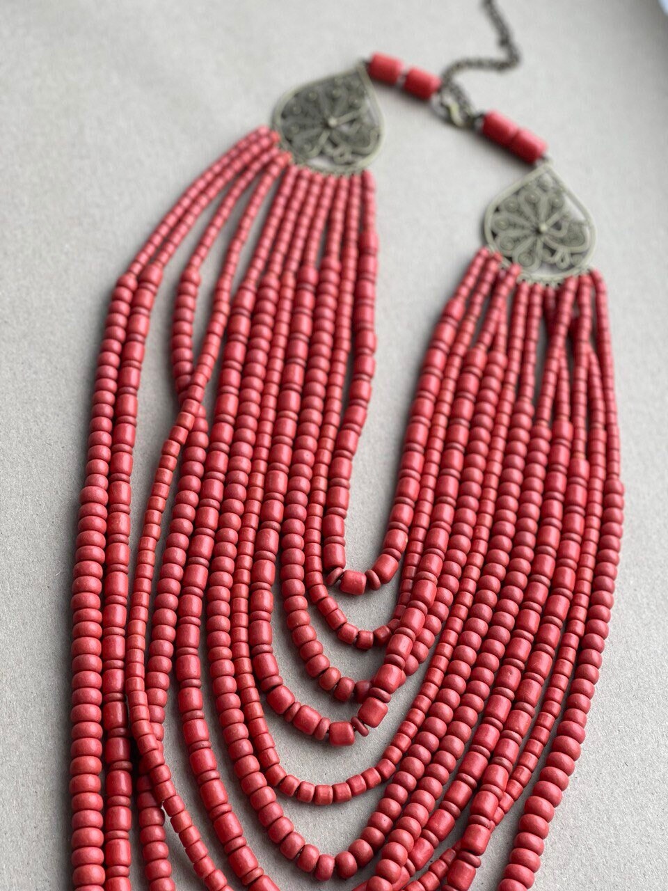 Red Ukrainian Ceramic Beaded Necklaces - Handmade Scythian-Inspired Accessories