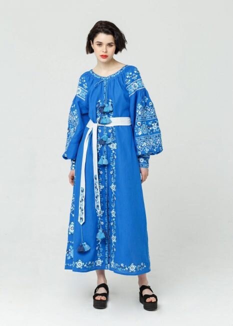 Blue Ukrainian Vyshyvanka Embroidered Dress - Boho Style from Ukraine