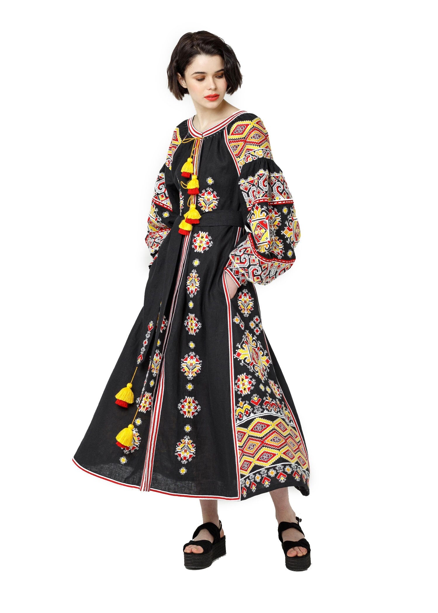 Linen Ukrainian Vyshyvanka Dress - Embroidered Women's Dress for Holiday Occasions